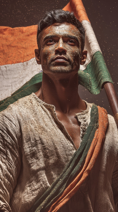 Freedom fighter re-enactor with vintage flag near Cellular Jail at dusk