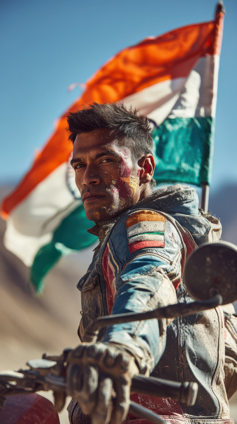 Indian biker with flag on motorcycle in Ladakh sunrise