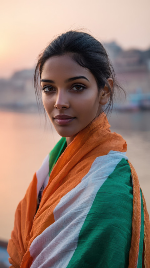 Indian woman in flag cape on Varanasi rooftop at sunrise with river glow. Independence Day