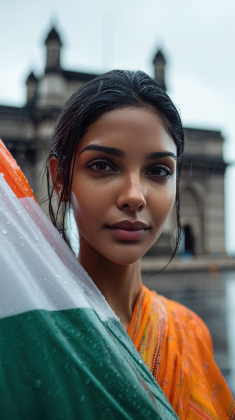 Indian woman veiled by semi-transparent flag at Gateway of India in monsoon. Independence Day