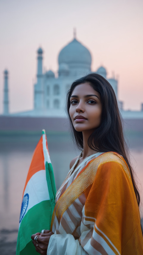 Indian woman with flag near Taj Mahal at dawn
