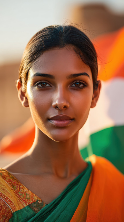 Indian woman with flag unfurled behind her in desert fort at golden hour. Independence Day