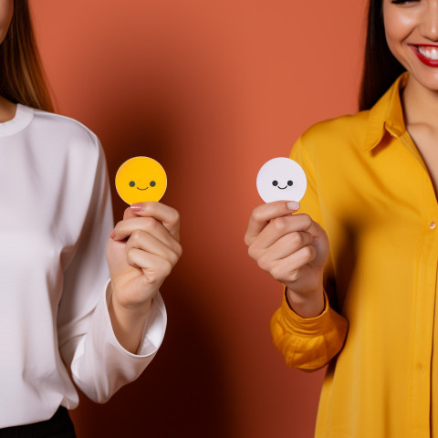 female hands holding four colored smiley stickers isolated on ye