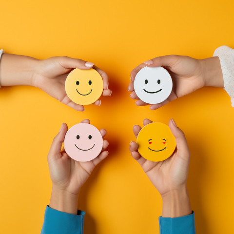 female hands holding four colored smiley stickers isolated on ye