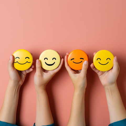 female hands holding four colored smiley stickers isolated on ye