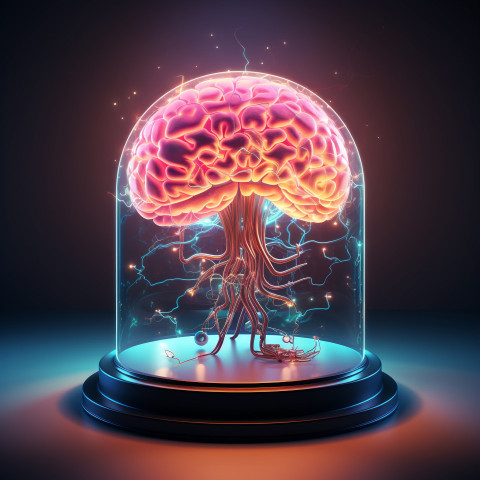 a brain encased in a glass dome floating in a tank of liquid, hu