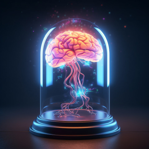 a brain encased in a glass dome floating in a tank of liquid, hu