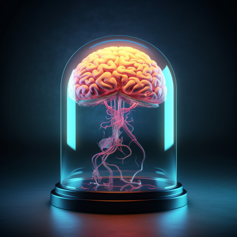 a brain encased in a glass dome floating in a tank of liquid, hu