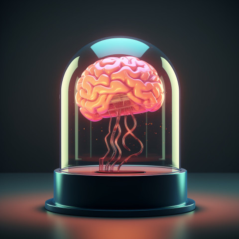 a brain encased in a glass dome floating in a tank of liquid, hu