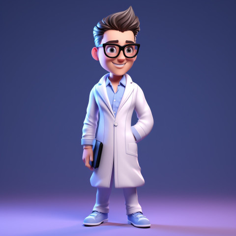 A cartoon character with glasses and a white coat 3d illustration, Health and Medical stock image