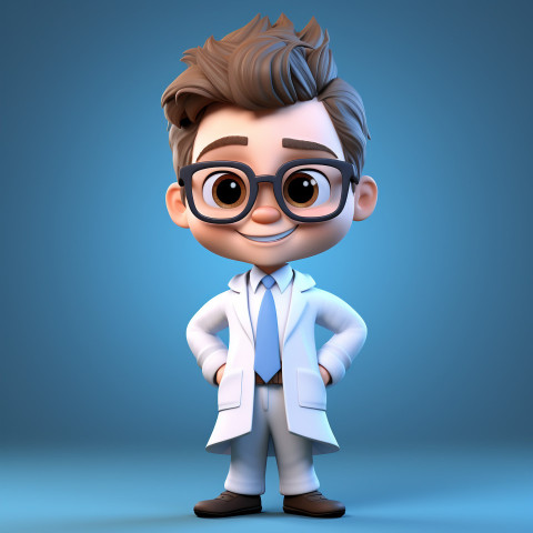 A cartoon character with glasses and a white coat 3d illustration, Health and Medical stock image