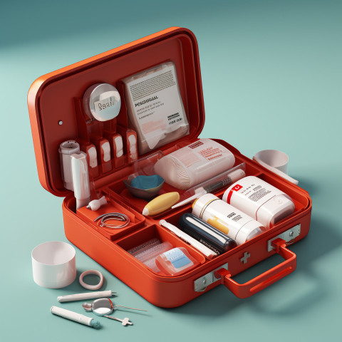 Simple open red first aid kit with with medicines for drugstore category 3d render illustration, Health and Medical stock image