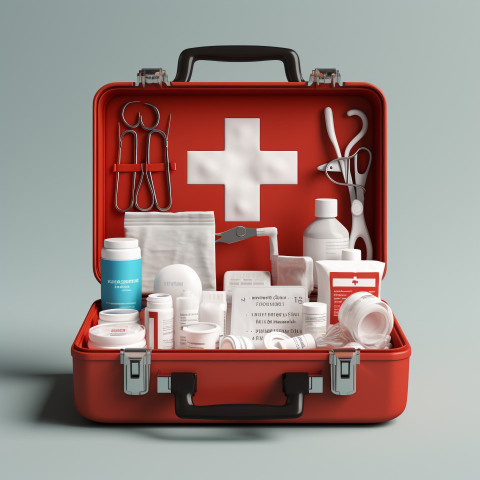 Simple open red first aid kit with with medicines for drugstore category 3d render illustration, Health and Medical stock image