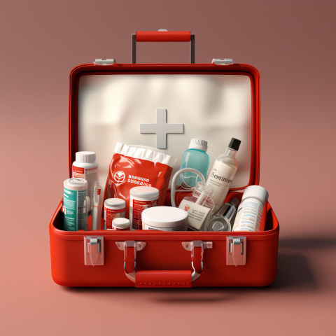 Simple open red first aid kit with with medicines for drugstore category 3d render illustration, Health and Medical stock image