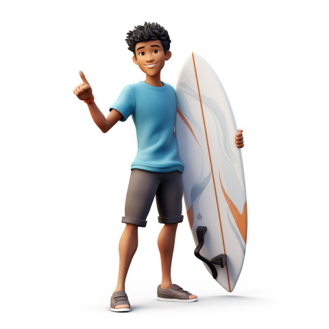 A photo of a fun asian teenager with a surfboard, cartoon character and illustration