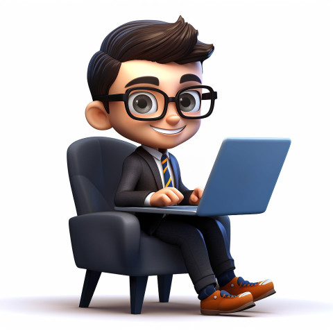 A photo of a cute young businessman character cartoon with a chair using a laptop computer, cartoon character and illustration