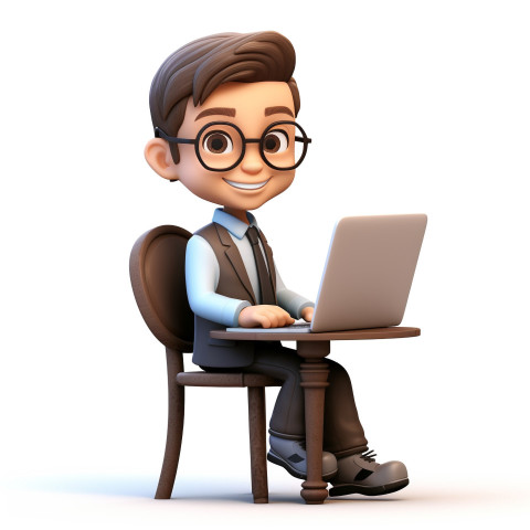 A photo of a cute young businessman character cartoon with a chair using a laptop computer, cartoon character and illustration