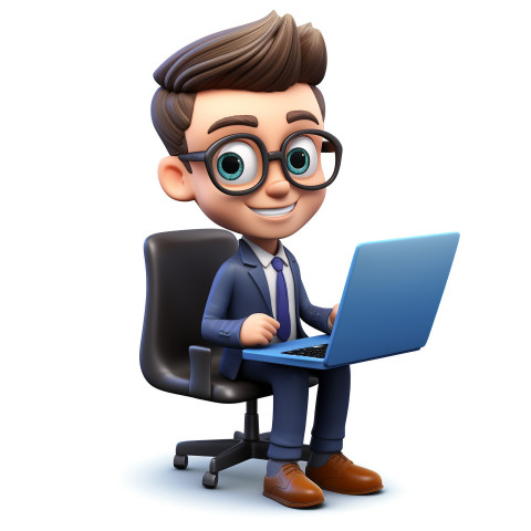 A photo of a cute young businessman character cartoon with a chair using a laptop computer, cartoon character and illustration