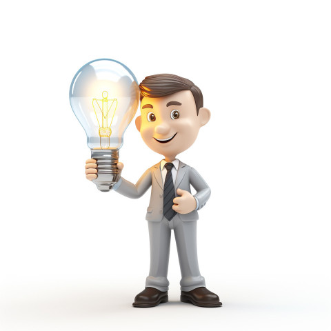 A photo of a businessman is holding a light bulb with the word light on, cartoon character and illustration