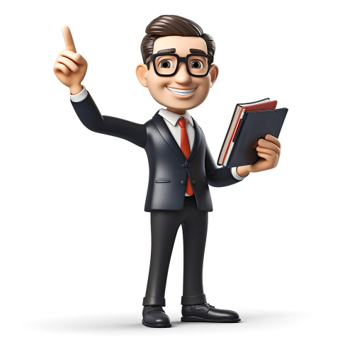 A photo of a cartoon businessman with glasses and is holding a book and pointing up, cartoon character and illustration