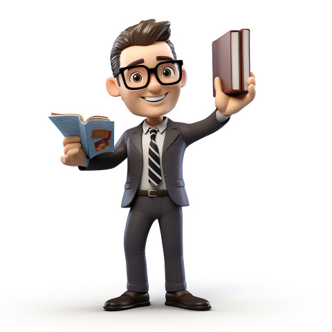 A photo of a cartoon businessman with glasses and is holding a book and pointing up, cartoon character and illustration