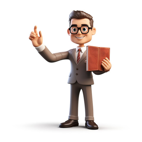 A photo of a cartoon businessman with glasses and is holding a book and pointing up, cartoon character and illustration