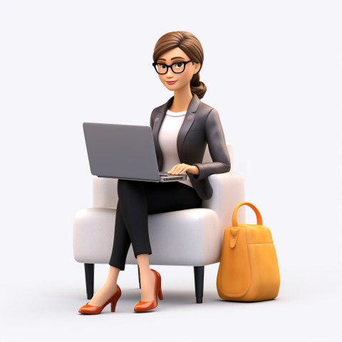 A photo of a cartoon businesswoman sitting in a chair working on a laptop, cartoon character and illustration