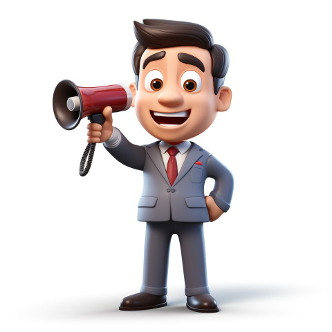 A photo of a businessman cartoon character of businessman speaking into a megaphone, cartoon character and illustration