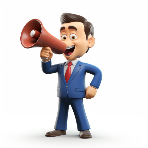 A photo of a businessman cartoon character of businessman speaking into a megaphone, cartoon character and illustration