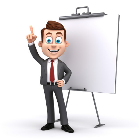 A photo of a businessman cartoon character with a large whiteboard that explain plan, cartoon character and illustration