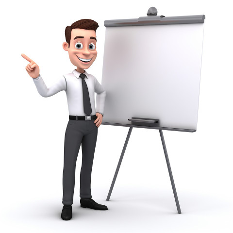 A photo of a businessman cartoon character with a large whiteboard that explain plan, cartoon character and illustration