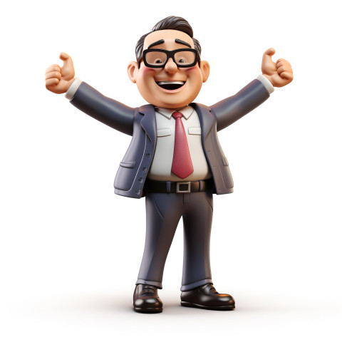 A photo of a businessman with a happy expression successful in achieving goals, cartoon character and illustration