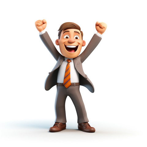 A photo of a businessman with a happy expression successful in achieving goals, cartoon character and illustration