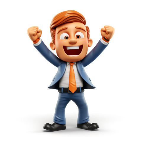 A photo of a businessman with a happy expression successful in achieving goals, cartoon character and illustration