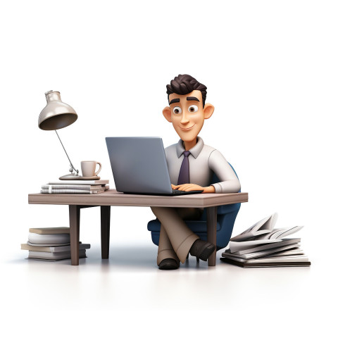 A photo of a business man character is busy working in front of laptop om the table, cartoon character and illustration