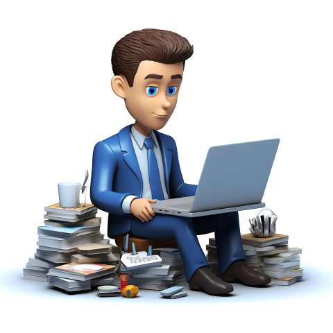 A photo of a business man character is busy working in front of laptop om the table, cartoon character and illustration