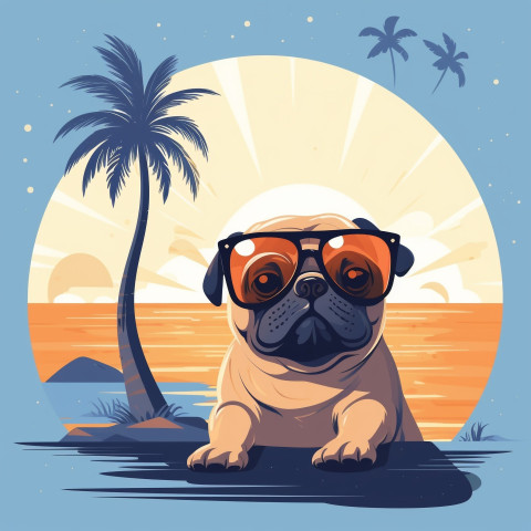 Stylish Pug with Sunglasses at the Beach