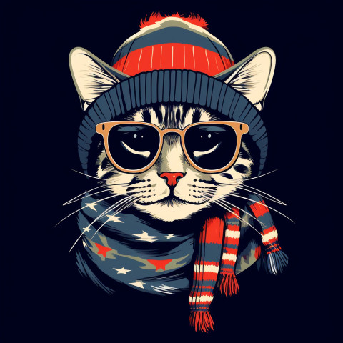 Cute Cat in Glasses Scarf and Hat