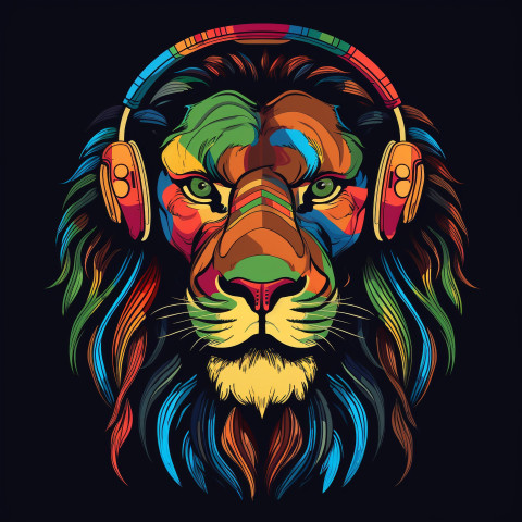 Lion in Headphones on Black Background