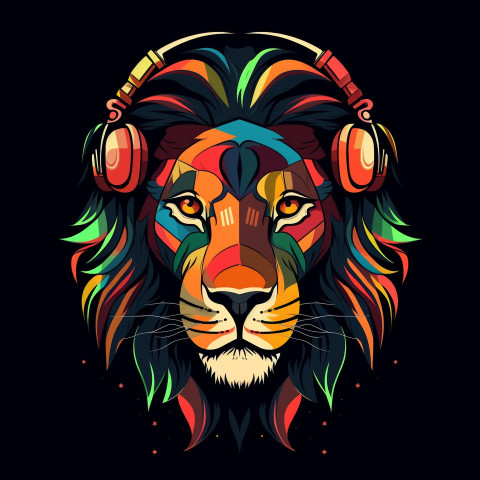 Colorful Lion Wearing Headphones