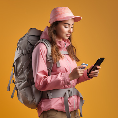 Backpacking Girl Checking Social Media