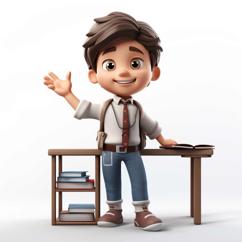 A photo of a 3D cartoon little boy in class