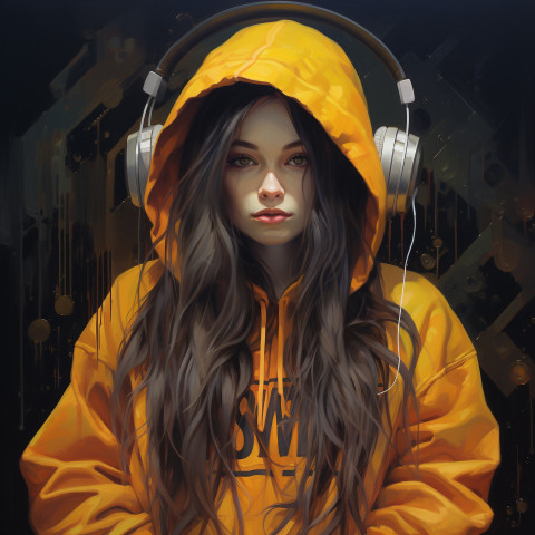 A woman with long hair and a yellow hoodie with the word music