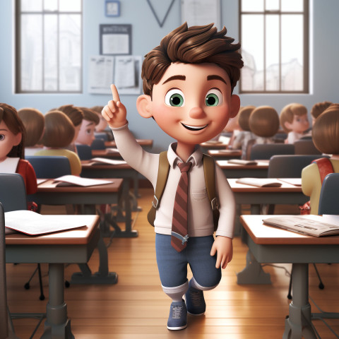 A photo of a 3D cartoon little boy in class