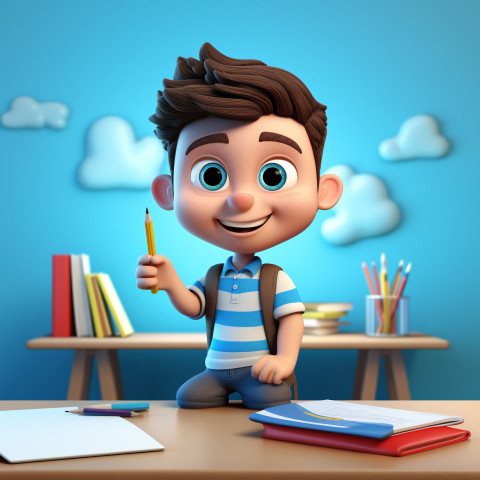 A photo of a 3D cartoon little boy in class