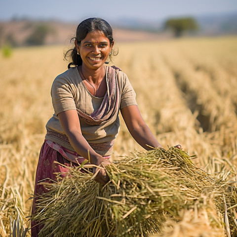 Friendly smiling indian woman farm harvest worker at work on blured background