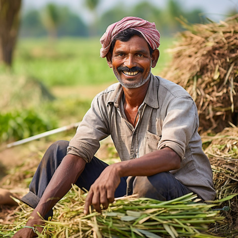 Friendly smiling indian man farm harvest worker at work on blured background