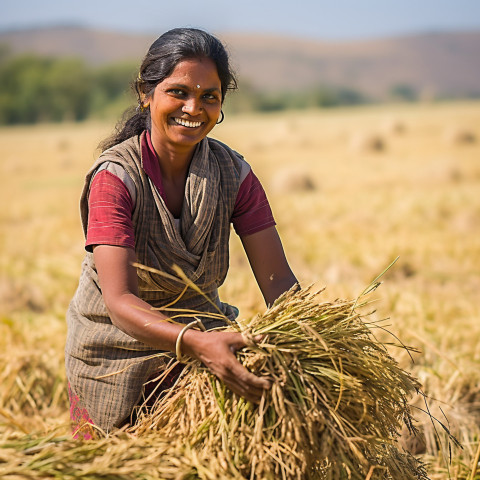 Friendly smiling indian woman farm harvest worker at work on blured background