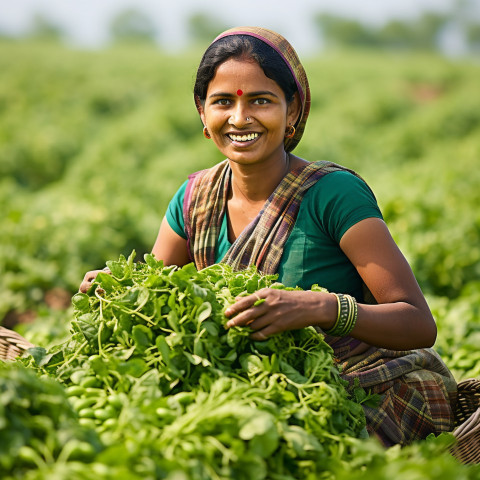 Friendly smiling indian woman farm harvest worker at work on blured background