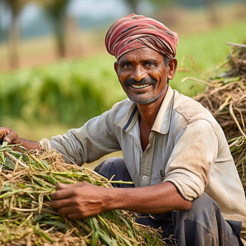 Friendly smiling indian man farm harvest worker at work on blured background